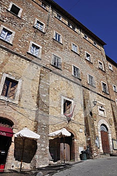 Teatro Poliziano Building in Piazzeta del Teatro Square from Montepulciano of VaL D`Orcia. Tuscany region. Italy