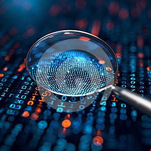 Tech authentication Magnifying glass inspects biometrics with binary code background