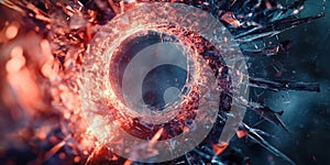 tech background with a shattered glass effect revealing a digital landscape.