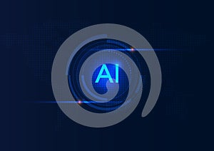 Futuristic blue AI digital interface with glowing circular elements on a world map tech background.