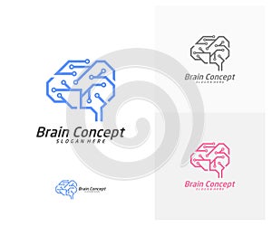 Tech Brain Logo design vector template. Think idea concept. Brainstorm power thinking brain icon Logo