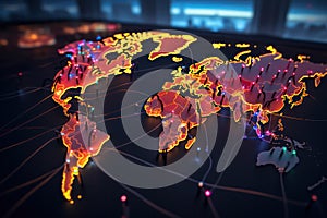 Tech-Connected Globe: World Map with Pins on a Futuristic Technology-Lit Background - Global Connectivity