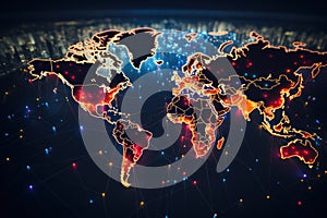Tech-Connected Globe: World Map with Pins on a Futuristic Technology-Lit Background - Global Connectivity