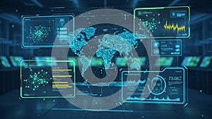 Tech control room with dim lighting and multiple monitors in the