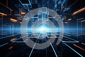 Tech cube in a 3D rendering blends with a dynamic cyberspace backdrop