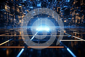 Tech cube in a 3D rendering blends with a dynamic cyberspace backdrop