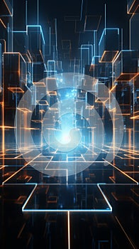 Tech cube in a 3D rendering blends with a dynamic cyberspace backdrop