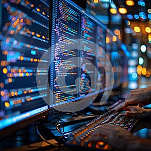 Tech Developer Coding on Multiple Monitors