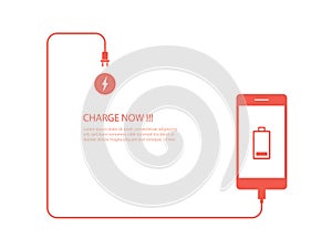 Tech device charge battery mobile phones with cable connect on white background