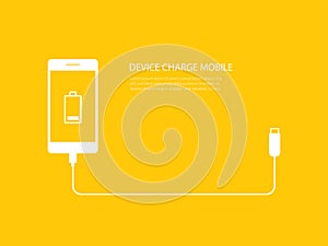 Tech device charge battery mobile phones with usb cable connect on yellow background