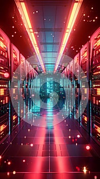 Tech driven infrastructure 3D rendered server room with vibrant data displays