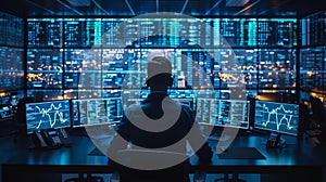 Software Developer Coding in a High-Tech Office at Night