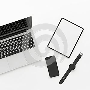 Tech gadgets setup isolated on white background