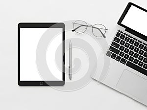 Tech gadgets setup isolated on white background
