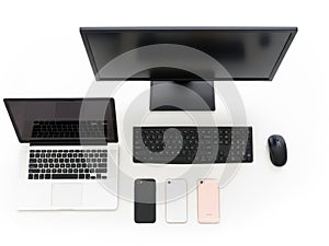Tech gadgets setup isolated on white background