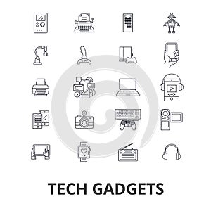 Tech gadgets, technology, electronics, laptop, tablet, camera, headphones line icons. Editable strokes. Flat design