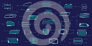 Tech hud frames. Text box technology elements, ui titles for digital game, future display interface. Square cyber boxes