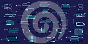 Tech hud frames. Text box technology elements, ui titles for digital game, future display interface. Square cyber boxes with copy