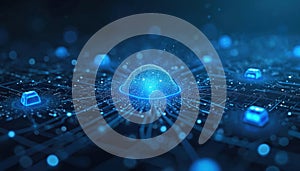 Tech illustration shows digital network, processing. Artificial intelligence concept. Futuristic background. Tech sphere, data