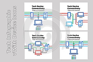 Tech infographic featuring device icons connected with simple circuit line connectors