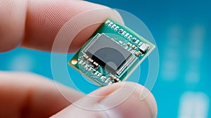 Tech Innovation: Hand with Microchip on Blue