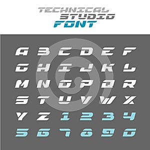 Tech letters stencil font. Wide techno alphabet.