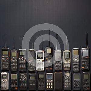 Tech nostalgia Old and obsoleted cellphones arranged on black backdrop