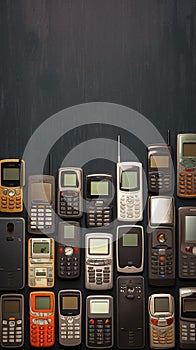 Tech nostalgia Old and obsoleted cellphones arranged on black backdrop