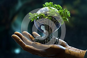 Tech nurtures nature Robot hand cradles Earth-bound tree, convergence background blends eco-tech photo