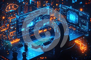 Tech professional analyzing data on futuristic screens in modern office environment