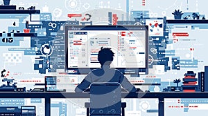 Tech professional analyzing machine learning data on multiple screens