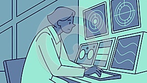 Tech professional working on complex data screens. vector design Generative AI