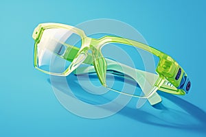 Tech protection gear Green glasses isolated on a blue backdrop