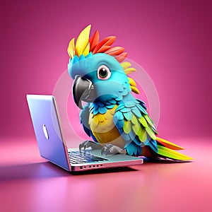 Tech-Savvy Parrot: 3D Rendered Cartoonish Image of a Parrot Using a Laptop on a Solid Background