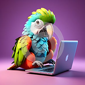 Tech-Savvy Parrot: 3D Rendered Cartoonish Image of a Parrot Using a Laptop on a Solid Background