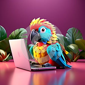 Tech-Savvy Parrot: 3D Rendered Cartoonish Image of a Parrot Using a Laptop on a Solid Background