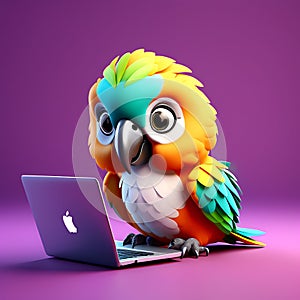 Tech-Savvy Parrot: A Cute 3D Render of a Parrot Using a Laptop on a Solid Color Background