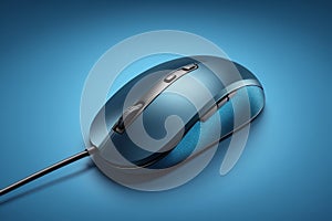 Close up of a blue wired computer mouse,Generative AI