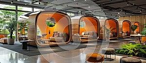 Tech startup office with open workspaces and relaxation pods