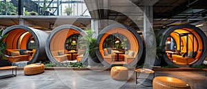 Tech startup office with open workspaces and relaxation pods