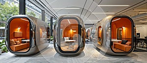 Tech startup office with open workspaces and relaxation pods