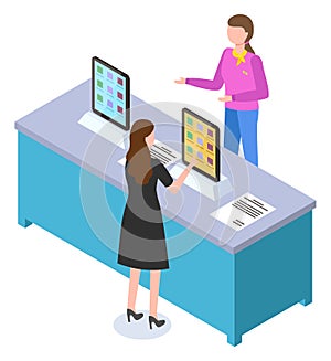 Tech store, buyer woman choosing electronic device, digital tablet, distributor customer service
