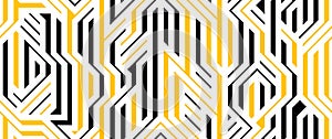 Tech style seamless linear pattern vector, circuit board lines endless background wallpaper image, black and yellow geometric