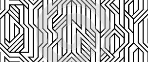 Tech style seamless linear pattern vector, monochrome circuit board lines endless background wallpaper image, black and white