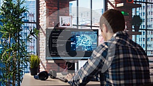 Tech support expert typing on keyboard, doing checkup on AI systems