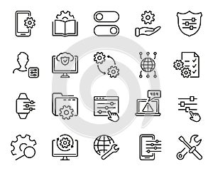 Tech Support, Settings and Options Black Line Icon. Setup, Repair and Settings Outline Icon Set. Gear, Screwdriver and