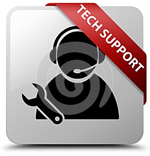 Tech support white square button red ribbon in corner