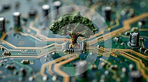 Tech Tree of Life: Merging Ecology with Circuitry. Concept Eco-Tech Integration, Sustainability in photo