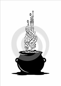 Tech Witch Cauldron with Binary Smoke â Modern Sci-Fi Potion Vector