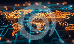 The tech world map emphasizes global network computing and artificial intelligence connectivity